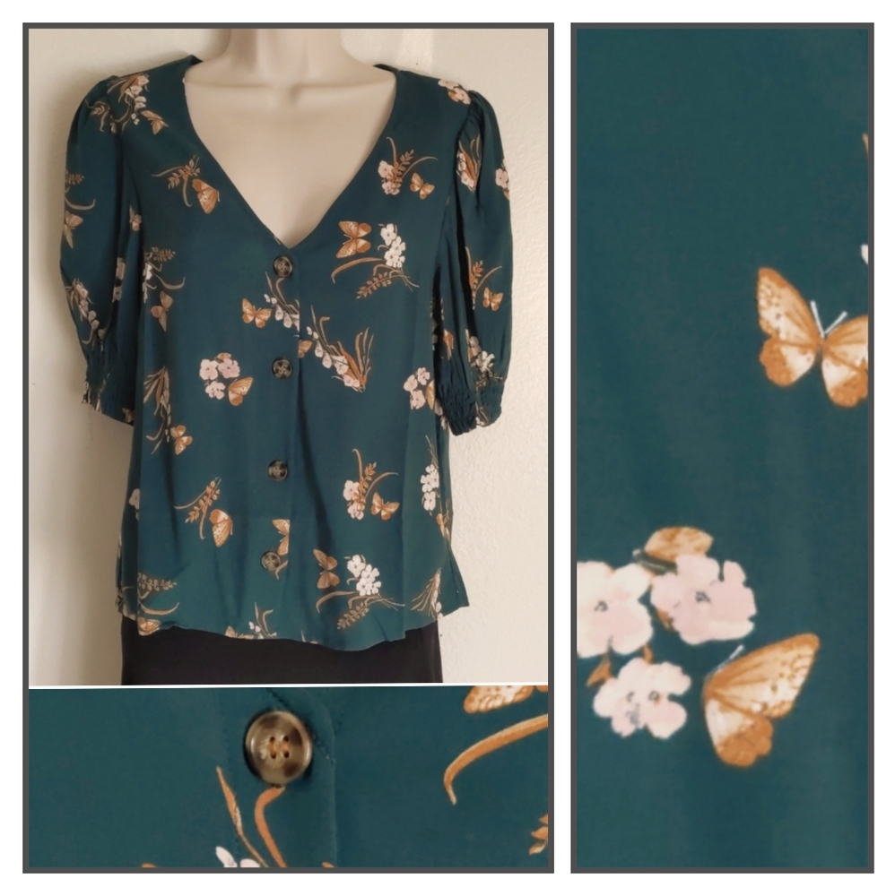 Vero Moda green with floral design puff  sleeves blouse top XS Lenzing NWT